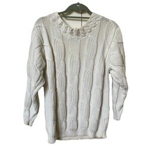 Vintage Crazy Horse Cable Knit Sweater Womens White Fisherman Coastal‎